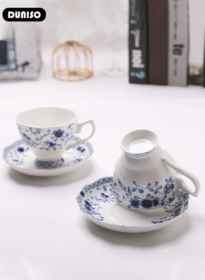 Ceramic Tea Cups and Saucers, European Retro Style Coffee Cups，Bone China Glazed Tea Mugs,  Latte Cups and Espresso Mug for Coffee Drinks and Tea, Kitchen and Living Room Saucers Set,Ceramic Coffee Cup for Office and Home