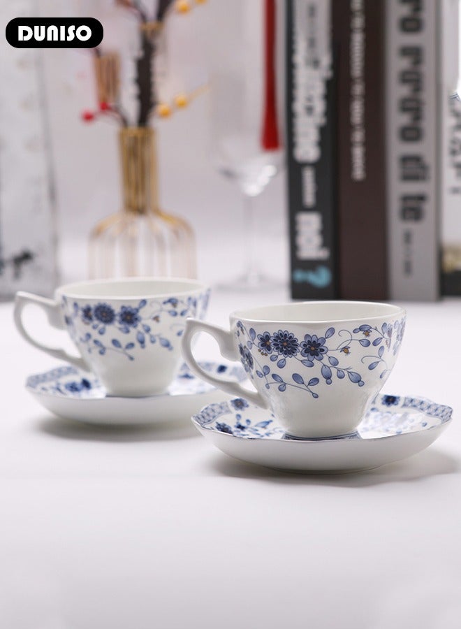 Ceramic Tea Cups and Saucers, European Retro Style Coffee Cups，Bone China Glazed Tea Mugs,  Latte Cups and Espresso Mug for Coffee Drinks and Tea, Kitchen and Living Room Saucers Set,Ceramic Coffee Cup for Office and Home