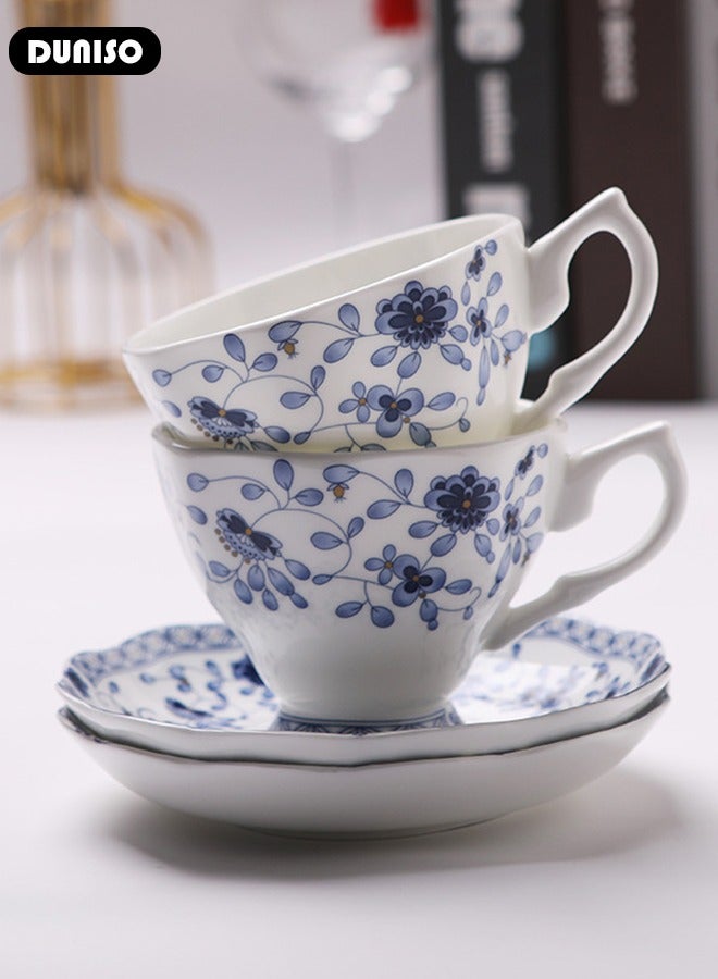 Ceramic Tea Cups and Saucers, European Retro Style Coffee Cups，Bone China Glazed Tea Mugs,  Latte Cups and Espresso Mug for Coffee Drinks and Tea, Kitchen and Living Room Saucers Set,Ceramic Coffee Cup for Office and Home