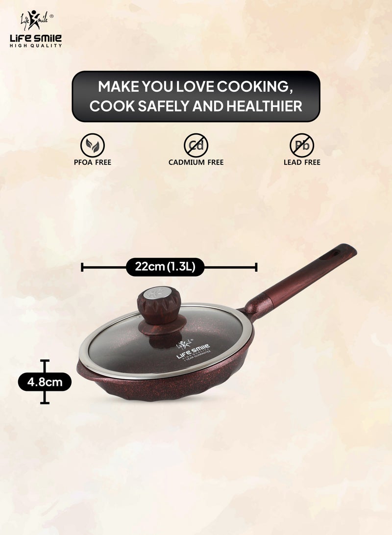 22cm (1.3 Liter)  Frying Pan With Lid - 5 Layer Granite Coating Fry Pan | Multiple Hob Compatibility | Heat-Resistant Handle Hanging Loop | Induction bottom