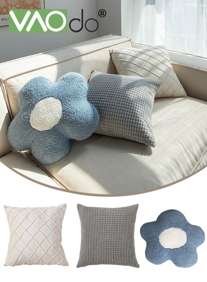 3PCS Sofa Pillow Cover Set Pillow Core,2 Corduroy Pillows and Flower Pillow,Soft Decorative Cushion Cover for Cushion Sofa Bedroom Living Room