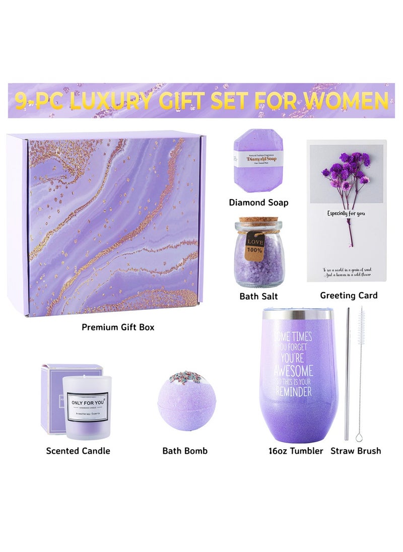 Remy Belle Gift Basket for Women - 6PC Scented Candles & Bath Bombs Set, Gifts for Women (Purple)