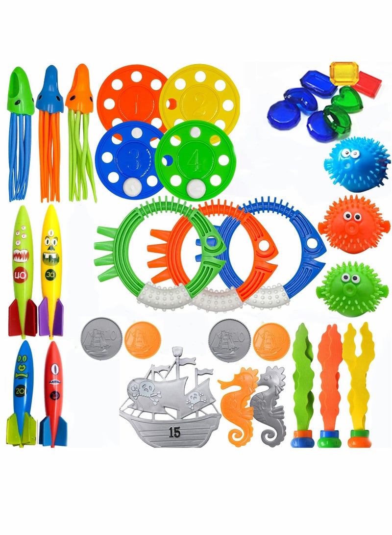 Diving Pool Toys, Rings, Torpedoes, Gems Training Sink Toys Suitable for Teen Adults, Water Game Props Swimming, Seaside, Diving, Outdoor Activities (34 Pcs)