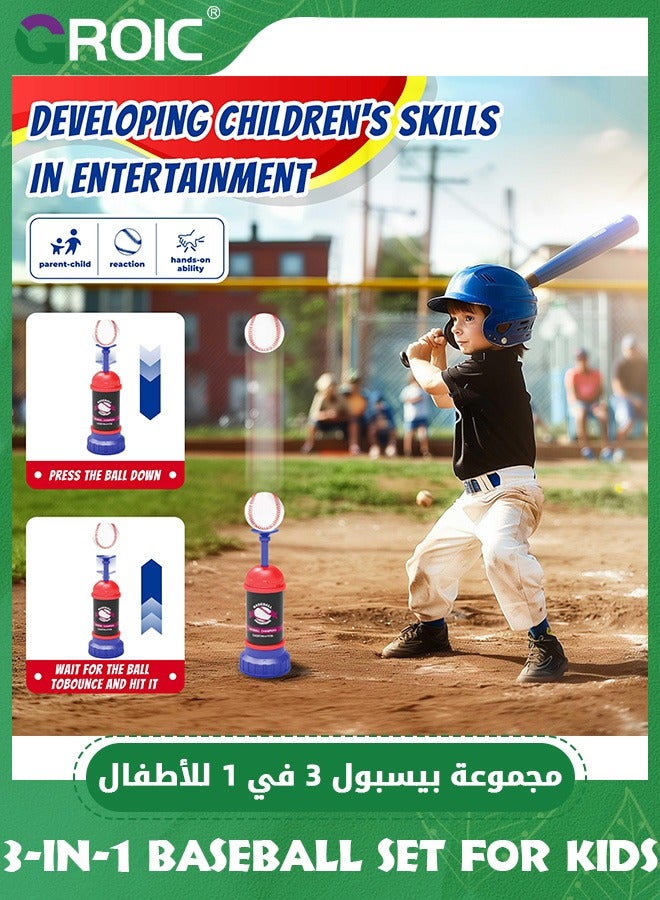 Baseball Set for Kids, 3-in-1 Tee Ball Set for Toddlers Includes Batting Tee Ball Stand, Ball Launcher, Hanging Tee and 6 Softballs, Kids Sport Toys Outdoor/Indoor Gift for Boys Girls