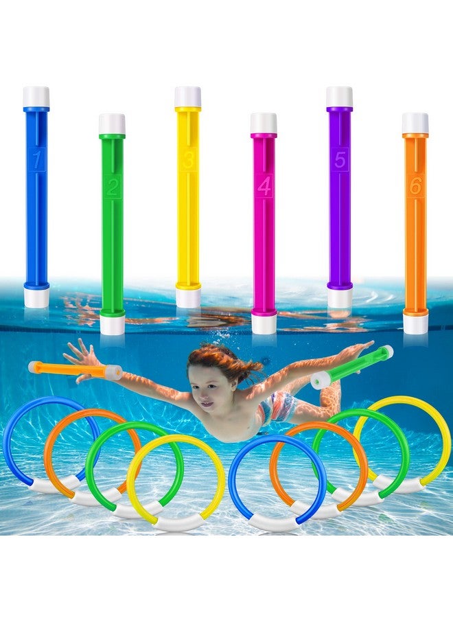 24 Pcs Underwater Pool Toys Include 12 Diving Rings And 12 Dive Sticks Plastic Pool Rings Fun Swimming Pool Dive Toys For Kids Summer Beach Water Training Swim Game Outdoor Party (Classic)