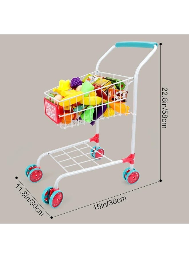 deAO Kids Shopping Cart Trolley with Sturdy Metal Frame for Toddlers 46 PCS Food Fruit Vegetables Pretend Play Food Role Play,Educational Toy Play Kitchen Toys for Boys Girls Kids