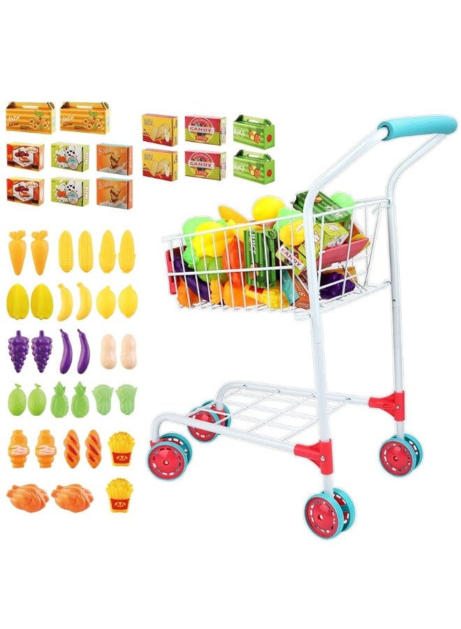 deAO Kids Shopping Cart Trolley with Sturdy Metal Frame for Toddlers 46 PCS Food Fruit Vegetables Pretend Play Food Role Play,Educational Toy Play Kitchen Toys for Boys Girls Kids