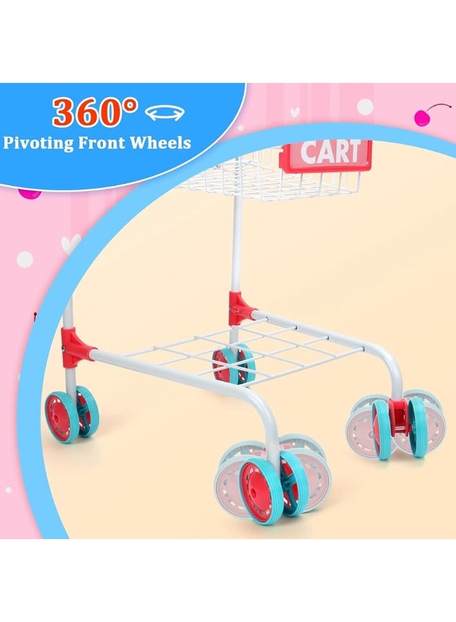 deAO Kids Shopping Cart Trolley with Sturdy Metal Frame for Toddlers 46 PCS Food Fruit Vegetables Pretend Play Food Role Play,Educational Toy Play Kitchen Toys for Boys Girls Kids