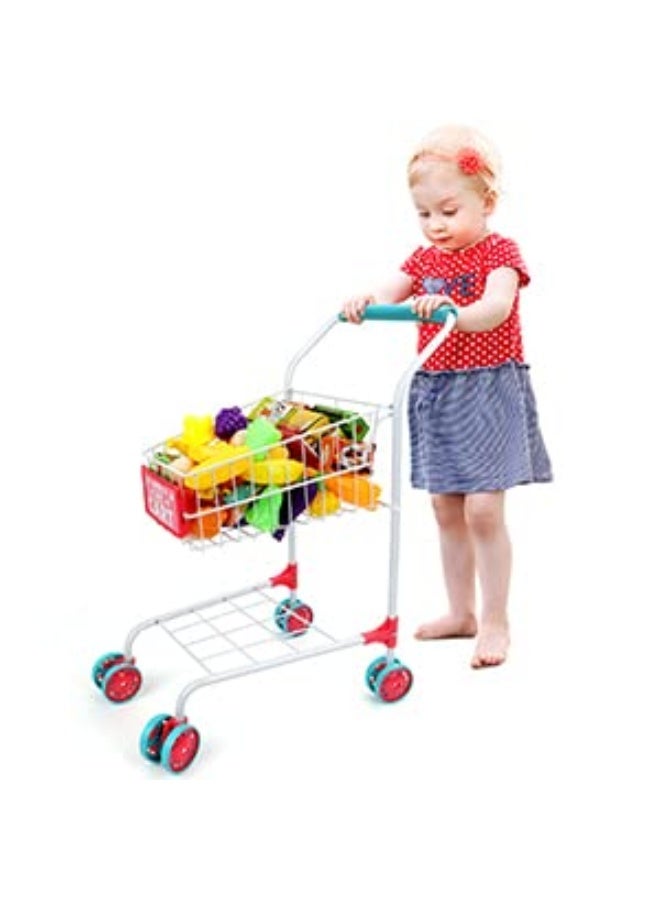 deAO Kids Shopping Cart Trolley with Sturdy Metal Frame for Toddlers 46 PCS Food Fruit Vegetables Pretend Play Food Role Play,Educational Toy Play Kitchen Toys for Boys Girls Kids