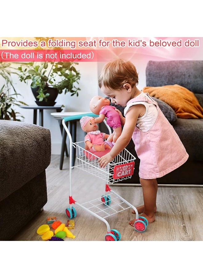 deAO Kids Shopping Cart Trolley with Sturdy Metal Frame for Toddlers 46 PCS Food Fruit Vegetables Pretend Play Food Role Play,Educational Toy Play Kitchen Toys for Boys Girls Kids