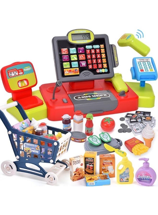 G.C Kids Cash Register Toy Pretend Play with Real Calculator Sound Scanner/Shopping Cart/Food/Play Money, Learning Counter Grocery Store Playset Toys Gift for Kid Boy Girl Age 3 4 5 6 7 8 Years Old