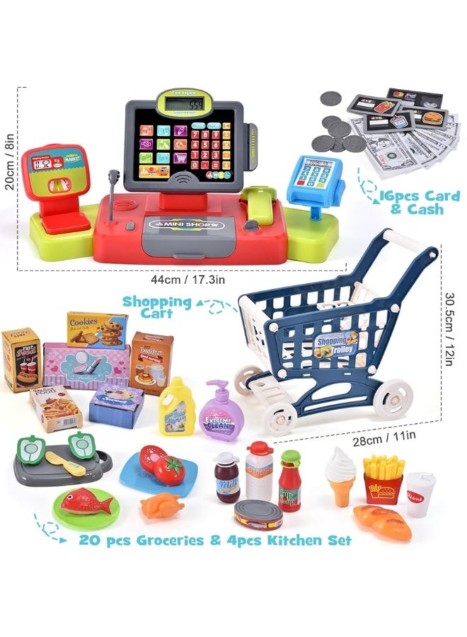 G.C Kids Cash Register Toy Pretend Play with Real Calculator Sound Scanner/Shopping Cart/Food/Play Money, Learning Counter Grocery Store Playset Toys Gift for Kid Boy Girl Age 3 4 5 6 7 8 Years Old