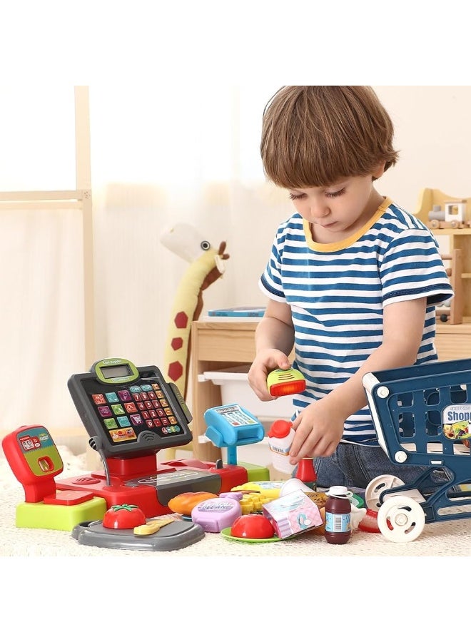 G.C Kids Cash Register Toy Pretend Play with Real Calculator Sound Scanner/Shopping Cart/Food/Play Money, Learning Counter Grocery Store Playset Toys Gift for Kid Boy Girl Age 3 4 5 6 7 8 Years Old