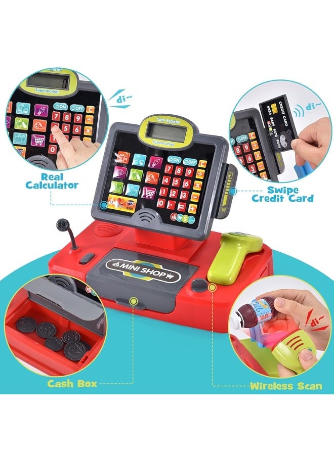 G.C Kids Cash Register Toy Pretend Play with Real Calculator Sound Scanner/Shopping Cart/Food/Play Money, Learning Counter Grocery Store Playset Toys Gift for Kid Boy Girl Age 3 4 5 6 7 8 Years Old