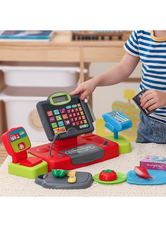 G.C Kids Cash Register Toy Pretend Play with Real Calculator Sound Scanner/Shopping Cart/Food/Play Money, Learning Counter Grocery Store Playset Toys Gift for Kid Boy Girl Age 3 4 5 6 7 8 Years Old