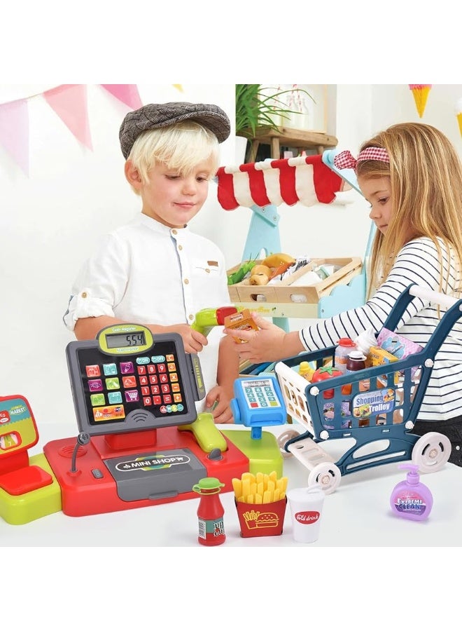 G.C Kids Cash Register Toy Pretend Play with Real Calculator Sound Scanner/Shopping Cart/Food/Play Money, Learning Counter Grocery Store Playset Toys Gift for Kid Boy Girl Age 3 4 5 6 7 8 Years Old