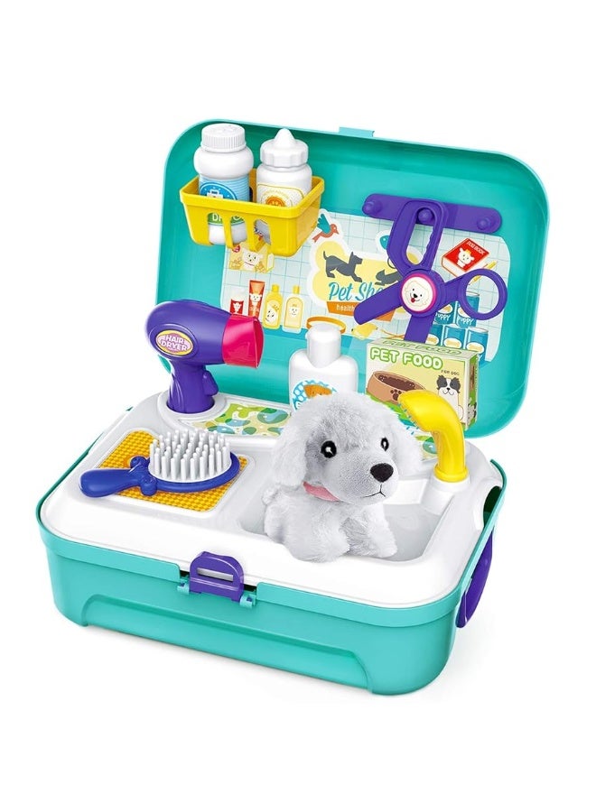 Pet Care Play Set Dog Grooming Kit with Backpack Doctor Set Vet Kit Educational Toy-Pretend Play for Toddlers Kids Children (16 pcs)