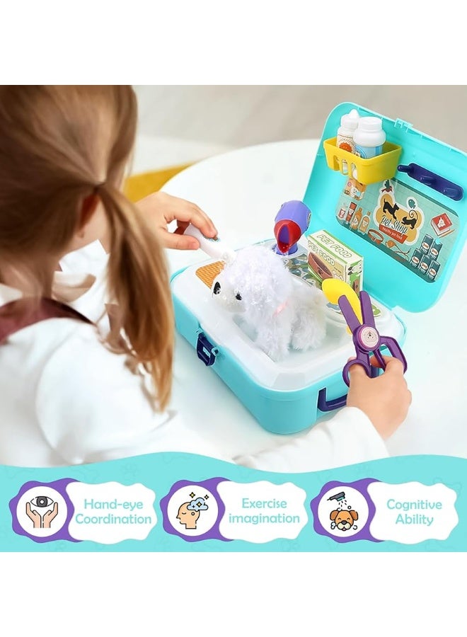 Pet Care Play Set Dog Grooming Kit with Backpack Doctor Set Vet Kit Educational Toy-Pretend Play for Toddlers Kids Children (16 pcs)