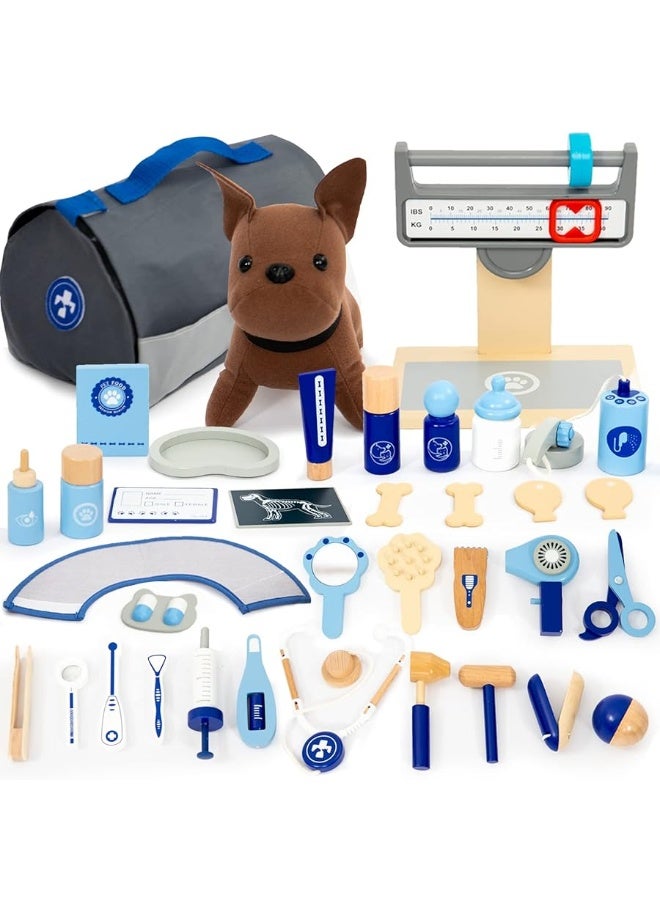 UMU Doctor Kit for Kids Wooden Pretend Play 37 Pcs Pet Care Play Set Doctor Playset for Toddlers Montessori Toys Dentist Kit for 38 Years Old Boys and Girls