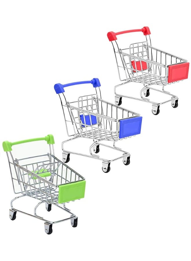 3 Pcs Mini Shopping Cart, Colorful Metal Shopping Cart Toy Mini Shopping Handcart Mode Tiny Ulitily Trolley Toy for Kids Desk Storage(Red,Blue,Green)