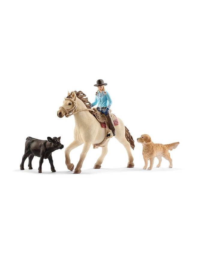 Schleich Western Playset - Cowgirl Figurine with Horse, Cow, Dog and Rodeo Accessories, Realistic Farm Animal Toys, 6-Piece Set for Kids