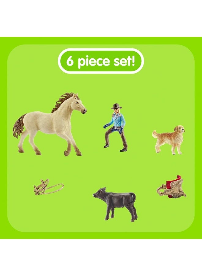 Schleich Western Playset - Cowgirl Figurine with Horse, Cow, Dog and Rodeo Accessories, Realistic Farm Animal Toys, 6-Piece Set for Kids