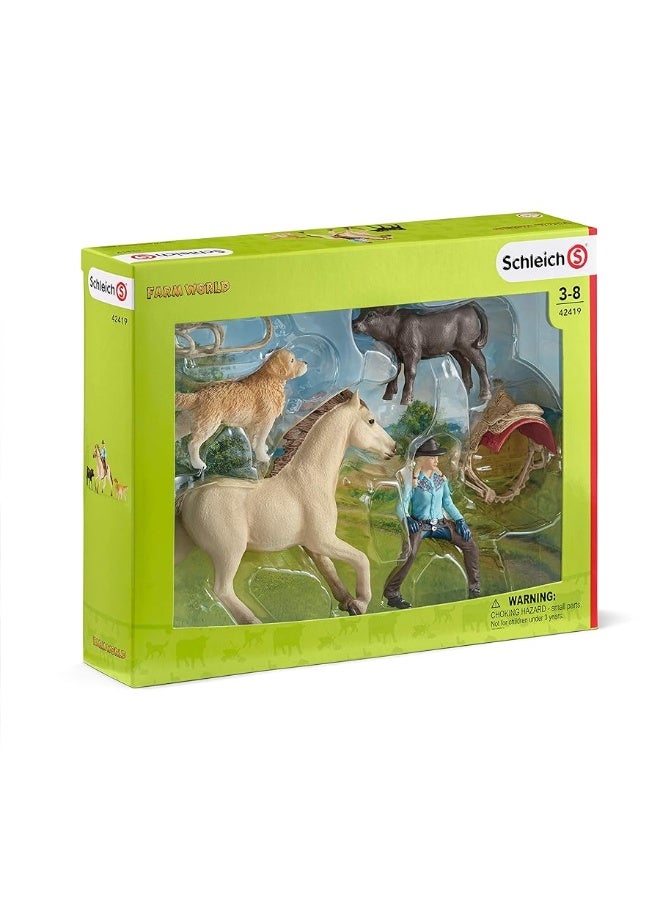 Schleich Western Playset - Cowgirl Figurine with Horse, Cow, Dog and Rodeo Accessories, Realistic Farm Animal Toys, 6-Piece Set for Kids