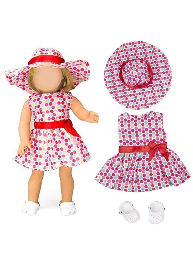 Summer Pool & Beach Dress Doll Clothes (3 Pc Set) - Outfit Includes Multicolored Polka Dot Sun Dress, Hat, & Sandals - Handmade, Premium Outfit & Accessories - Compatible with 18