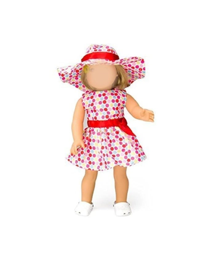 Summer Pool & Beach Dress Doll Clothes (3 Pc Set) - Outfit Includes Multicolored Polka Dot Sun Dress, Hat, & Sandals - Handmade, Premium Outfit & Accessories - Compatible with 18