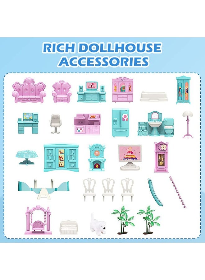 deAO Dollhouse for Girls - 3 Story 11 Rooms DIY Building Pretend Play House with Accessories Furnitures with Outdoor Space Open Sided Princess Castle Playset for Girls Kids