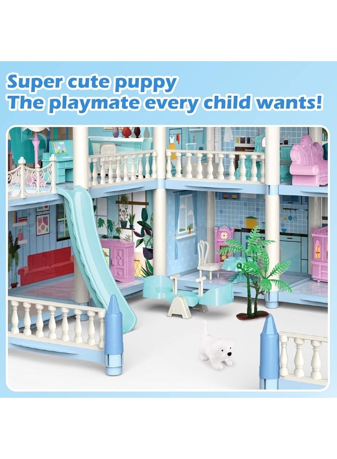 deAO Dollhouse for Girls - 3 Story 11 Rooms DIY Building Pretend Play House with Accessories Furnitures with Outdoor Space Open Sided Princess Castle Playset for Girls Kids