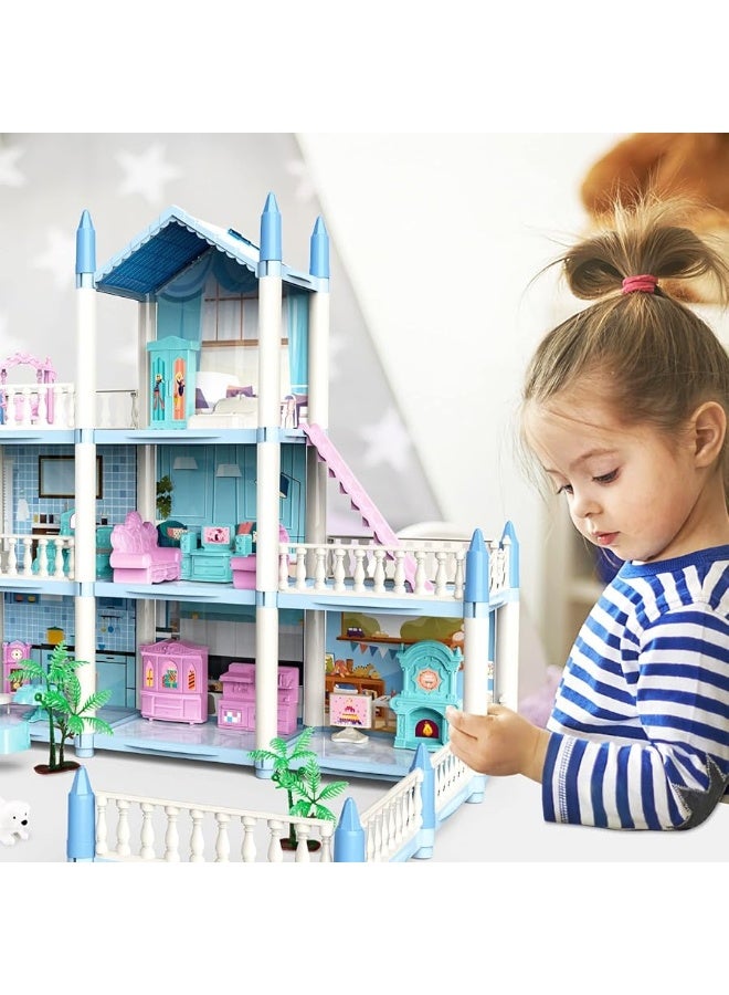 deAO Dollhouse for Girls - 3 Story 11 Rooms DIY Building Pretend Play House with Accessories Furnitures with Outdoor Space Open Sided Princess Castle Playset for Girls Kids