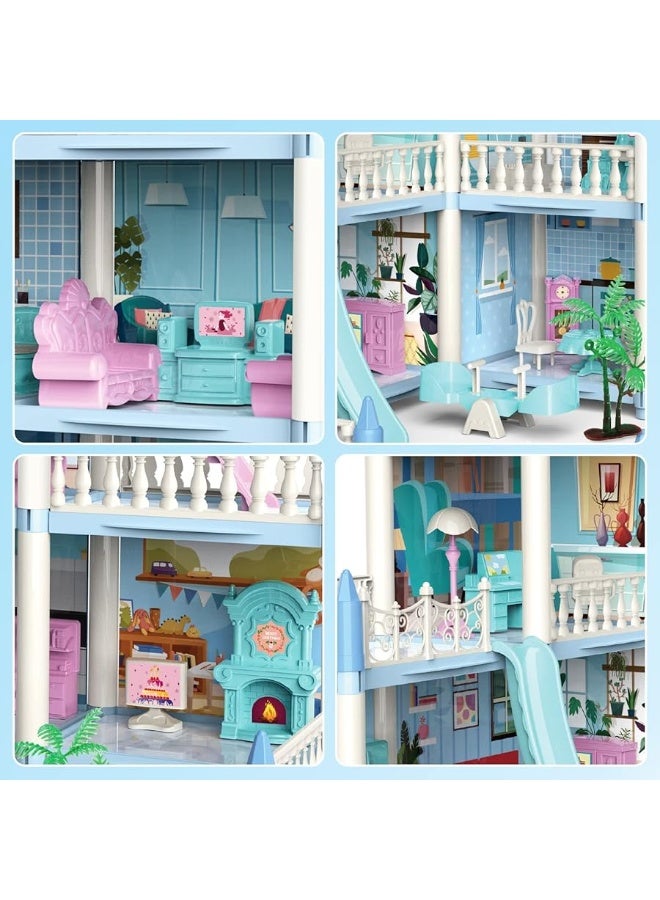 deAO Dollhouse for Girls - 3 Story 11 Rooms DIY Building Pretend Play House with Accessories Furnitures with Outdoor Space Open Sided Princess Castle Playset for Girls Kids