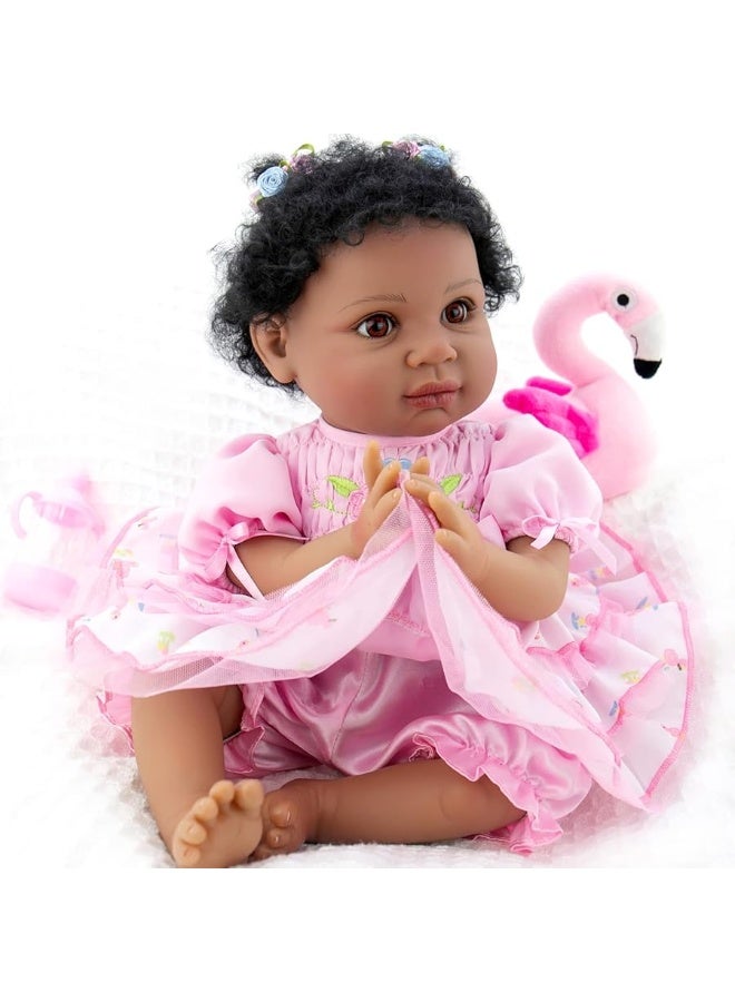 Aori Reborn Baby Dolls Black 22 Inch Biracial Lifelike African American Reborn Girl Dolls with Pink Dress Flamingo Gift Set and Doll Accessories