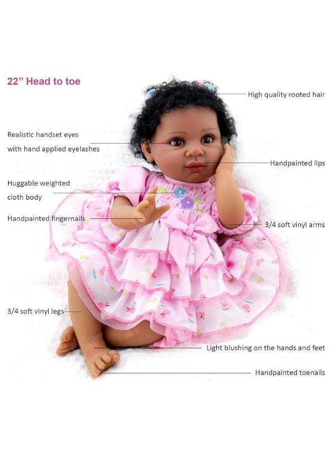 Aori Reborn Baby Dolls Black 22 Inch Biracial Lifelike African American Reborn Girl Dolls with Pink Dress Flamingo Gift Set and Doll Accessories