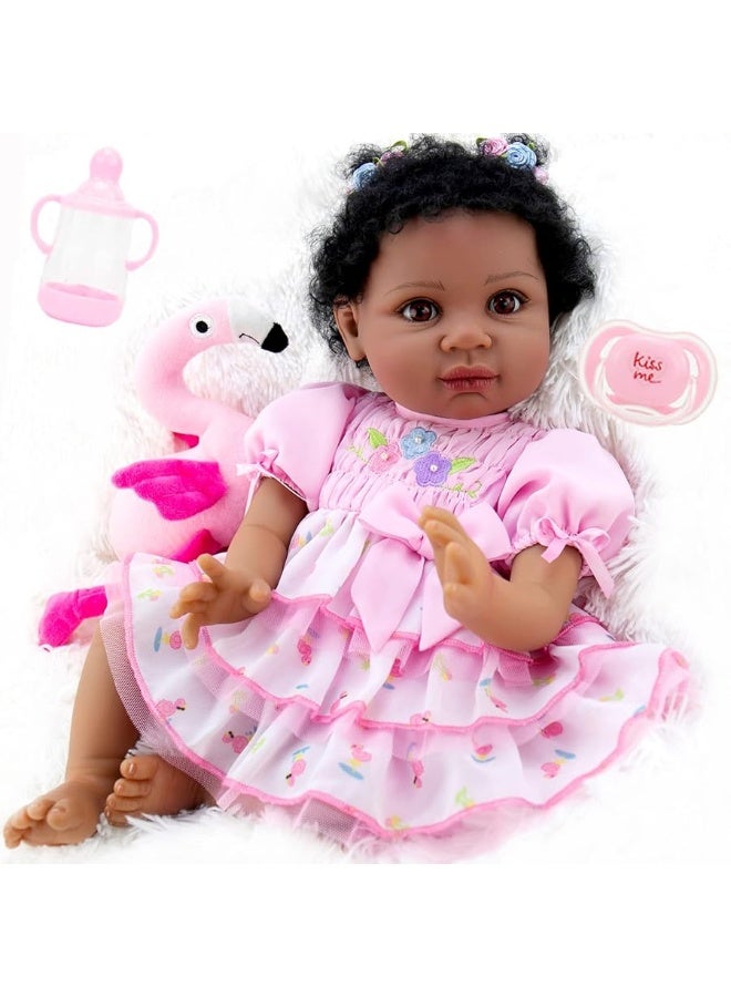 Aori Reborn Baby Dolls Black 22 Inch Biracial Lifelike African American Reborn Girl Dolls with Pink Dress Flamingo Gift Set and Doll Accessories