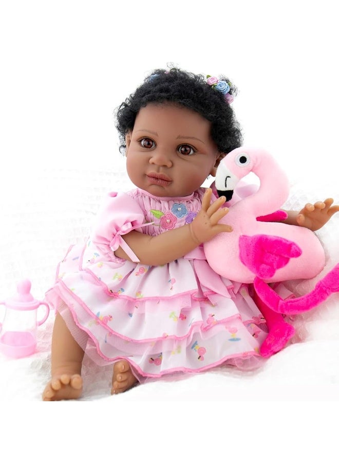 Aori Reborn Baby Dolls Black 22 Inch Biracial Lifelike African American Reborn Girl Dolls with Pink Dress Flamingo Gift Set and Doll Accessories