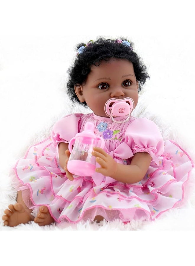 Aori Reborn Baby Dolls Black 22 Inch Biracial Lifelike African American Reborn Girl Dolls with Pink Dress Flamingo Gift Set and Doll Accessories