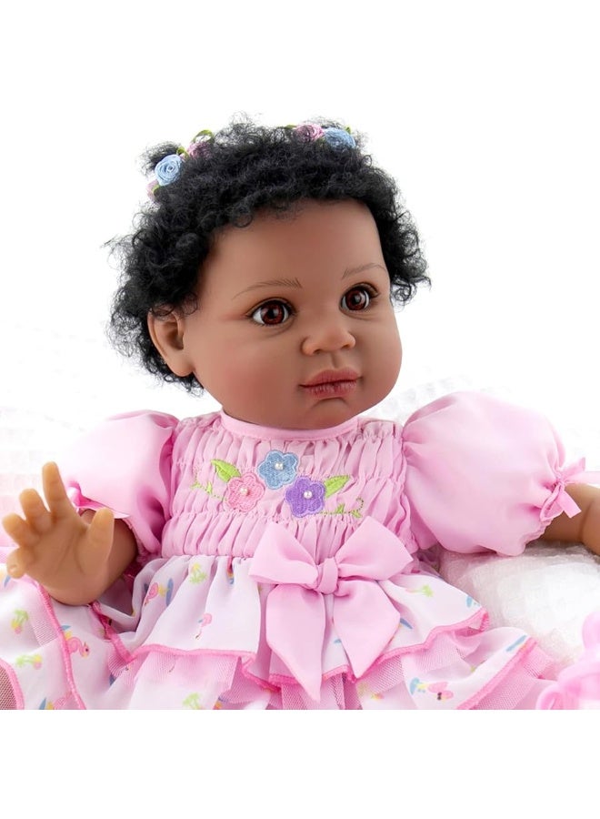 Aori Reborn Baby Dolls Black 22 Inch Biracial Lifelike African American Reborn Girl Dolls with Pink Dress Flamingo Gift Set and Doll Accessories