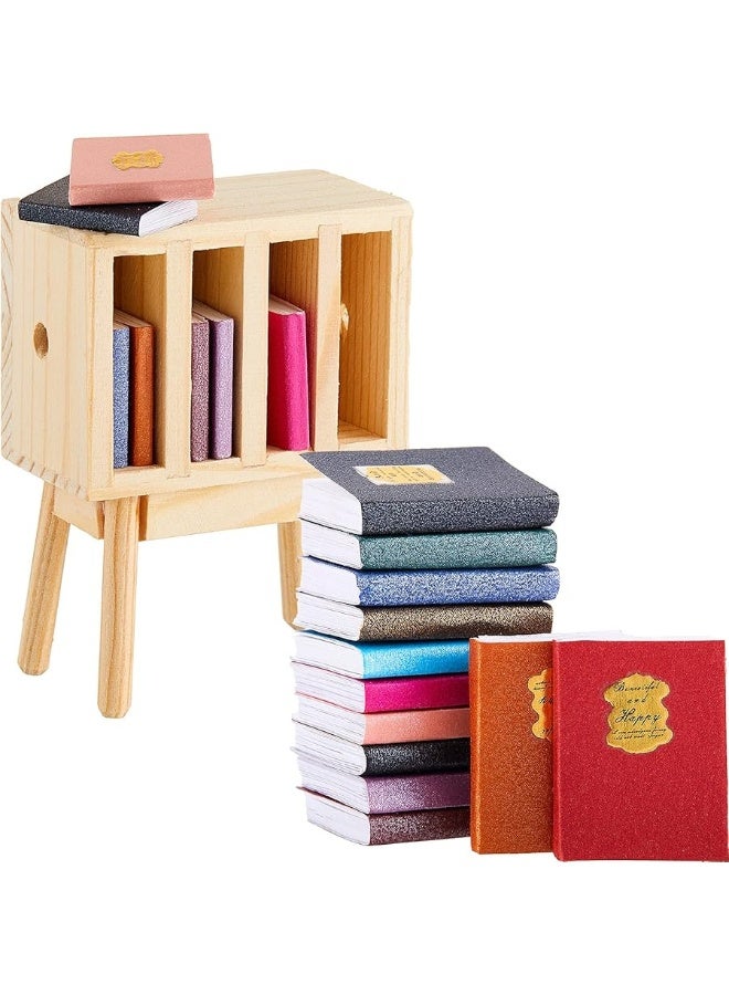 13 Pieces 1:12 Scale Miniatures Dollhouse Books with Mini Dollhouse Miniature Dollhouse Accessories Wooden Rack Bookshelf Mini Books Miniatures Furniture Decoration for Dollhouse Pretend Play Gift