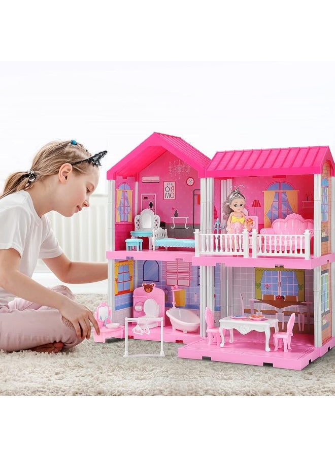 TEMI Dollhouse Girls Pretend Toys - Doll Figure with Furniture, Accessories, Stairs, Pets and Dolls, DIY Cottage Pretend Play Dollhouse, for Toddlers, Boys & Girls