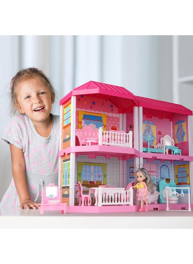 TEMI Dollhouse Girls Pretend Toys - Doll Figure with Furniture, Accessories, Stairs, Pets and Dolls, DIY Cottage Pretend Play Dollhouse, for Toddlers, Boys & Girls