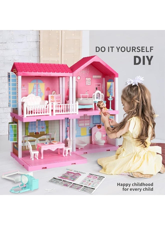 TEMI Dollhouse Girls Pretend Toys - Doll Figure with Furniture, Accessories, Stairs, Pets and Dolls, DIY Cottage Pretend Play Dollhouse, for Toddlers, Boys & Girls