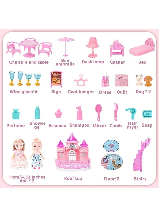 deAO Doll House for Girls Portable Playset Dollhouse Castle Kids Pretend Play Doll House with 2 Doll Toy FiguresLiving RoomBedroomBalcony  Accessories for 3 to 7 Year Olds Kids Pink