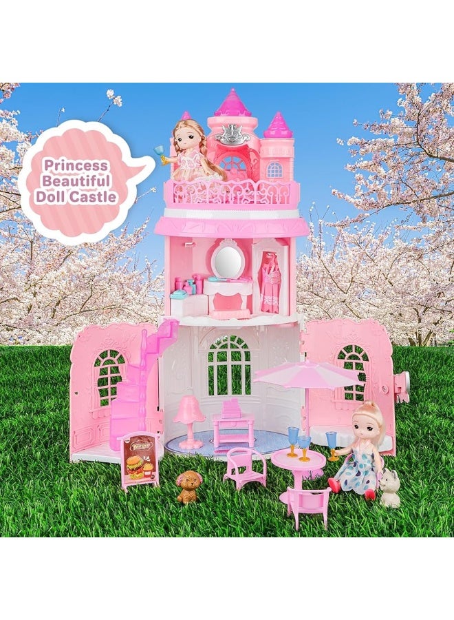 deAO Doll House for Girls Portable Playset Dollhouse Castle Kids Pretend Play Doll House with 2 Doll Toy FiguresLiving RoomBedroomBalcony  Accessories for 3 to 7 Year Olds Kids Pink