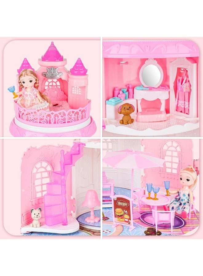 deAO Doll House for Girls Portable Playset Dollhouse Castle Kids Pretend Play Doll House with 2 Doll Toy FiguresLiving RoomBedroomBalcony  Accessories for 3 to 7 Year Olds Kids Pink