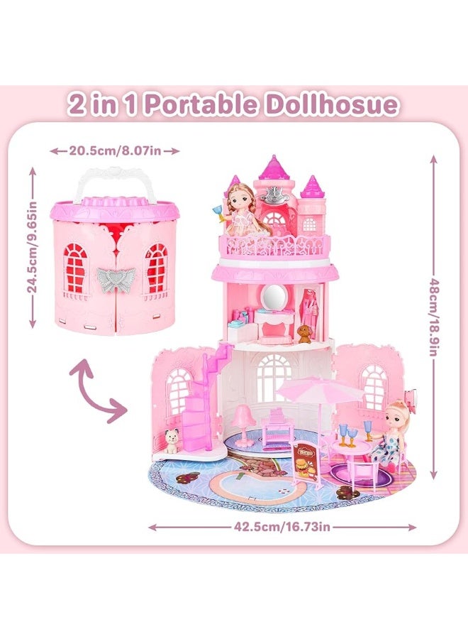 deAO Doll House for Girls Portable Playset Dollhouse Castle Kids Pretend Play Doll House with 2 Doll Toy FiguresLiving RoomBedroomBalcony  Accessories for 3 to 7 Year Olds Kids Pink