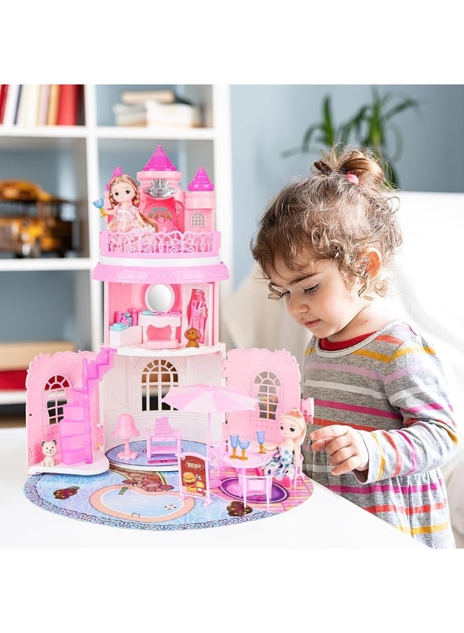 deAO Doll House for Girls Portable Playset Dollhouse Castle Kids Pretend Play Doll House with 2 Doll Toy FiguresLiving RoomBedroomBalcony  Accessories for 3 to 7 Year Olds Kids Pink