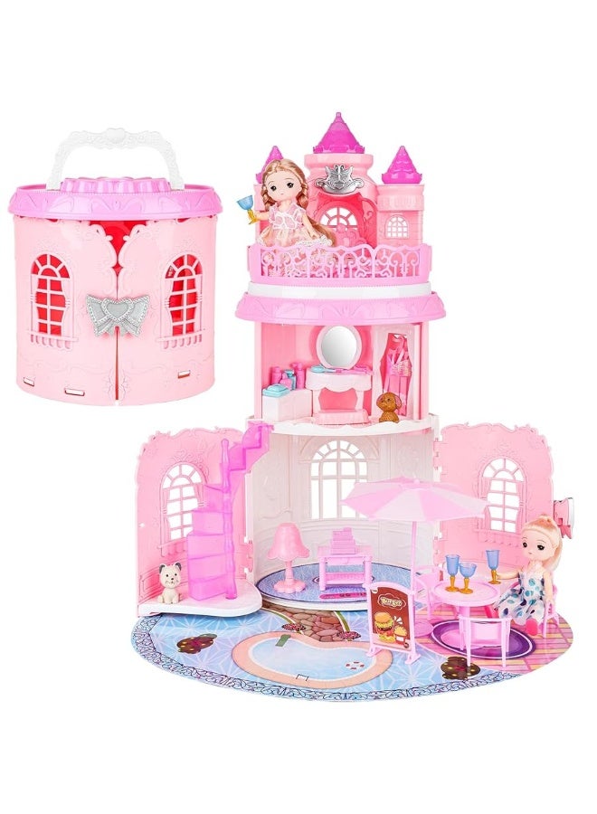 deAO Doll House for Girls Portable Playset Dollhouse Castle Kids Pretend Play Doll House with 2 Doll Toy FiguresLiving RoomBedroomBalcony  Accessories for 3 to 7 Year Olds Kids Pink