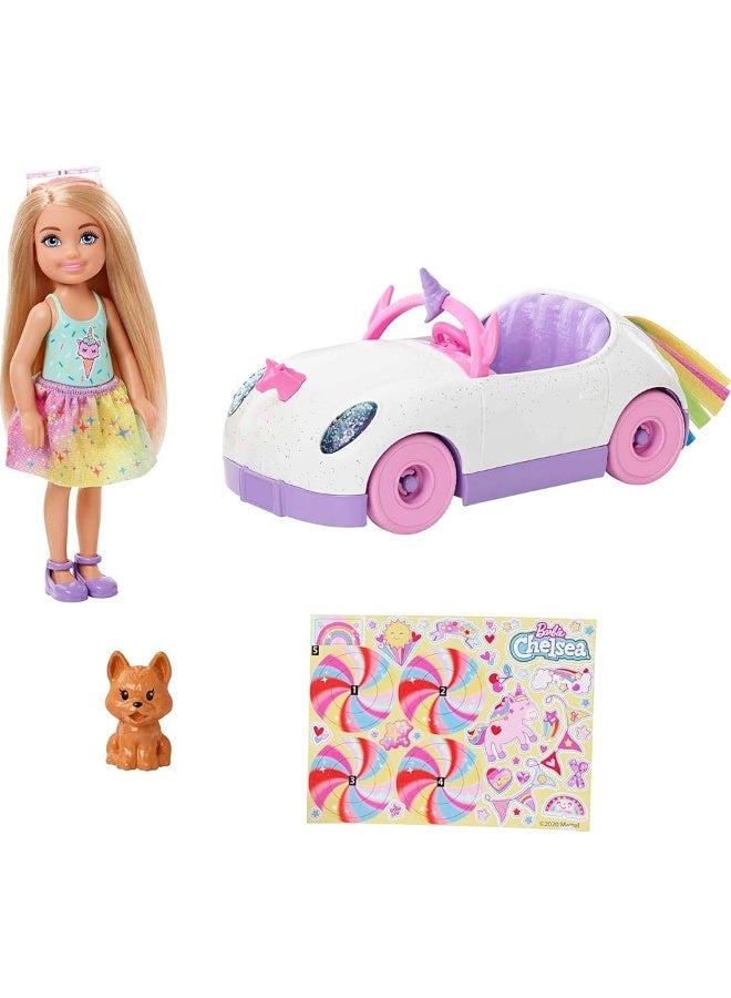 Barbie Chelsea Doll  Toy Car with Unicorn Theme Blonde Small Doll in Removable Skirt Pet Puppy Sticker Sheet  Accessories